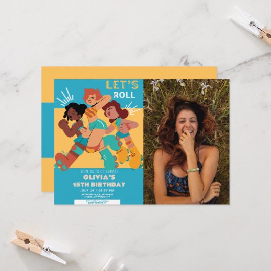 Elke leeftijd retro roller schaats meisje foto ver kaart (Voorkant / Achterkant in situ)