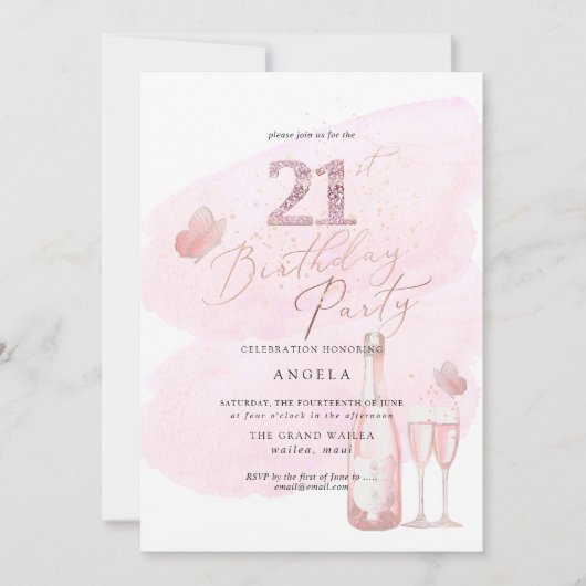 Elke leeftijd, roze Waterverf Champagne 21st Kaart (Voorkant)