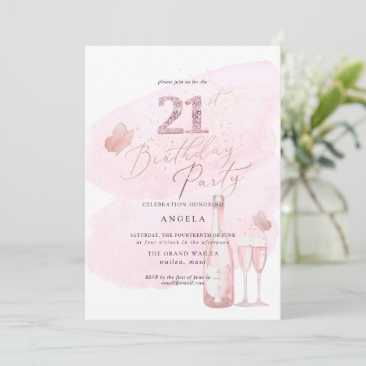 Elke leeftijd, roze Waterverf Champagne 21st Kaart (Staand voorkant)