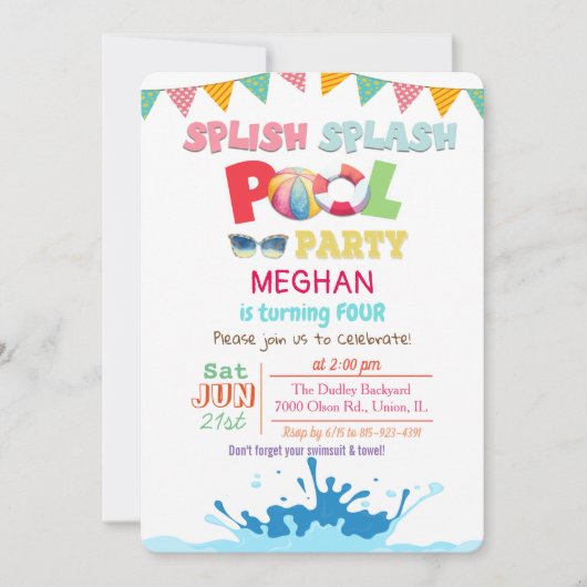 ELKE LEEFTIJD - Spat Splash Zwembad Feest Uitnodig Kaart (Voorkant)