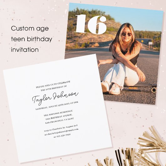 Elke leeftijd tiener verjaardag foto minimalistisc kaart