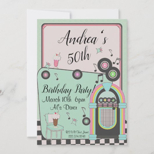 Elke leeftijd van 1950's Diner Birthday Uitnodigin Kaart (Voorkant)