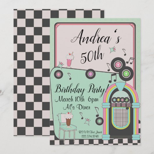 Elke leeftijd van 1950's Diner Birthday Uitnodigin Kaart (Voorkant / Achterkant)