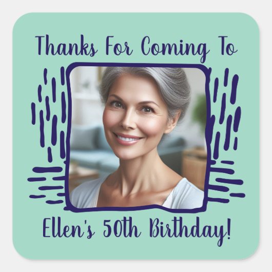 Elke leeftijd verjaardag aangepaste foto naam dank vierkante sticker (Voorkant)