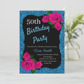 Elke leeftijd Verjaardag Blauw Glitter Roze Rozen Kaart (Staand voorkant)