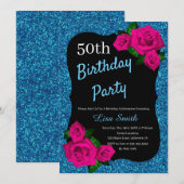 Elke leeftijd Verjaardag Blauw Glitter Roze Rozen Kaart (Voorkant / Achterkant)