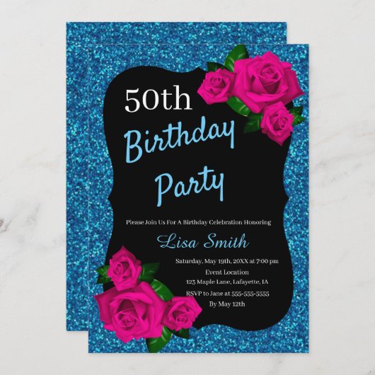 Elke leeftijd Verjaardag Blauw Glitter Roze Rozen Kaart (Voorkant / Achterkant)