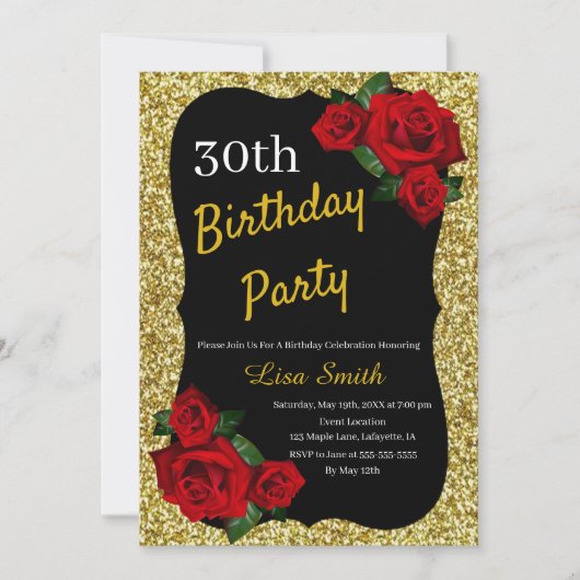 Elke leeftijd Verjaardag Gouden Glitter Rode Rozen Kaart (Voorkant)