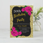 Elke leeftijd Verjaardag Gouden Glitter Roze Rozen Kaart (Staand voorkant)