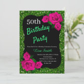 Elke Leeftijd Verjaardag Groene Glitter Roze Rozen Kaart (Staand voorkant)