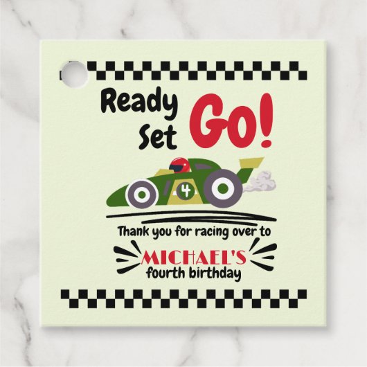 Elke leeftijd verjaardag klaar voor groene raceaut bedankjes labels (Voorkant)