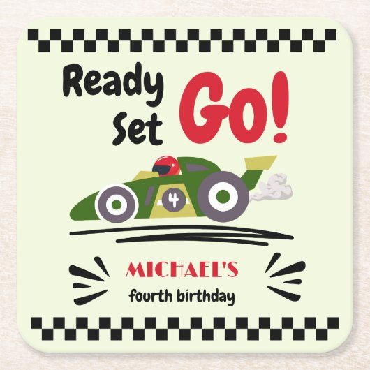 Elke leeftijd verjaardag klaar voor groene raceaut kartonnen onderzetters (Voorkant)