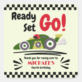 Elke leeftijd verjaardag klaar voor groene raceaut vierkante sticker