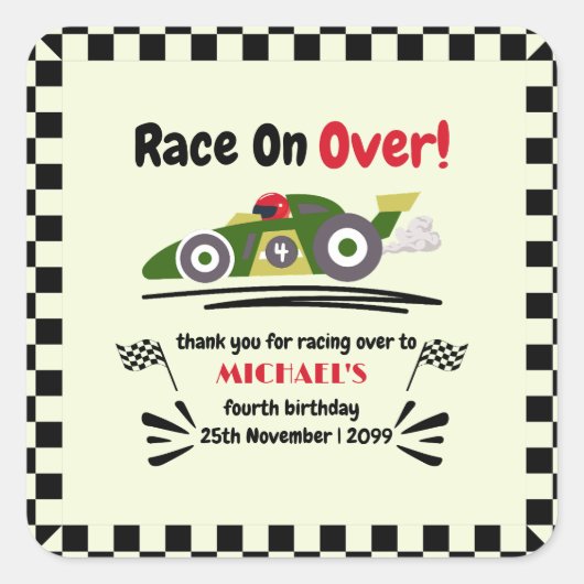 Elke leeftijd verjaardag klaar voor groene raceaut vierkante sticker (Voorkant)