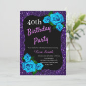 Elke Leeftijd Verjaardag Paarse Glitter Blue Rozen Kaart (Staand voorkant)