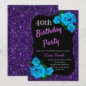 Elke Leeftijd Verjaardag Paarse Glitter Blue Rozen Kaart (Voorkant / Achterkant)
