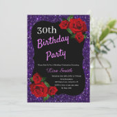 Elke leeftijd Verjaardag Paarse Glitter Red Roses Kaart (Staand voorkant)