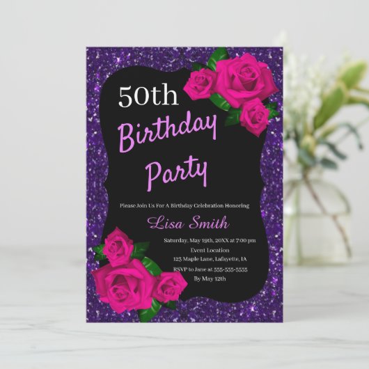 Elke leeftijd Verjaardag Paarse Glitter Roze Rozen Kaart (Staand voorkant)
