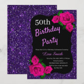Elke leeftijd Verjaardag Paarse Glitter Roze Rozen Kaart