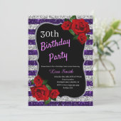 Elke Leeftijd Verjaardag Paarse Zilveren Glitter R Kaart (Staand voorkant)