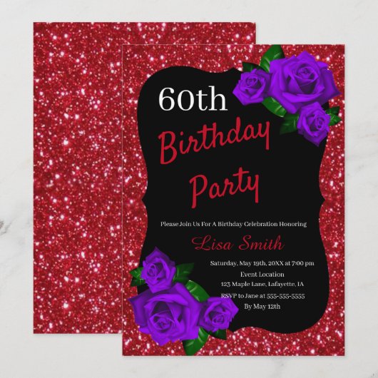 Elke Leeftijd Verjaardag Rode Glitter Paarse Rozen Kaart (Voorkant / Achterkant)