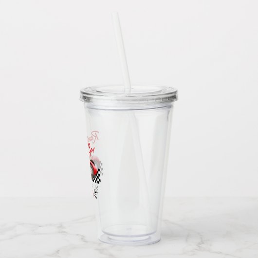Elke leeftijd verjaardag rode race auto klaar voor acryl drinkbeker (Links)