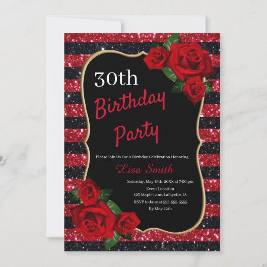 Elke leeftijd verjaardag rood en zwart glitter rod kaart (Voorkant)