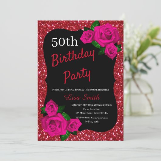 Elke leeftijd verjaardag rood glitter roze rozen kaart (Staand voorkant)