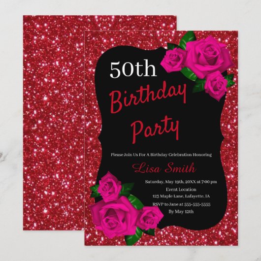 Elke leeftijd verjaardag rood glitter roze rozen kaart (Voorkant / Achterkant)