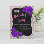 Elke Leeftijd Verjaardag Roze Glitter Paarse Rozen Kaart (Staand voorkant)