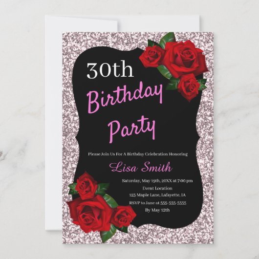 Elke Leeftijd Verjaardag Roze Glitter Rode Rozen Kaart (Voorkant)