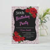 Elke Leeftijd Verjaardag Roze Glitter Rode Rozen Kaart (Staand voorkant)