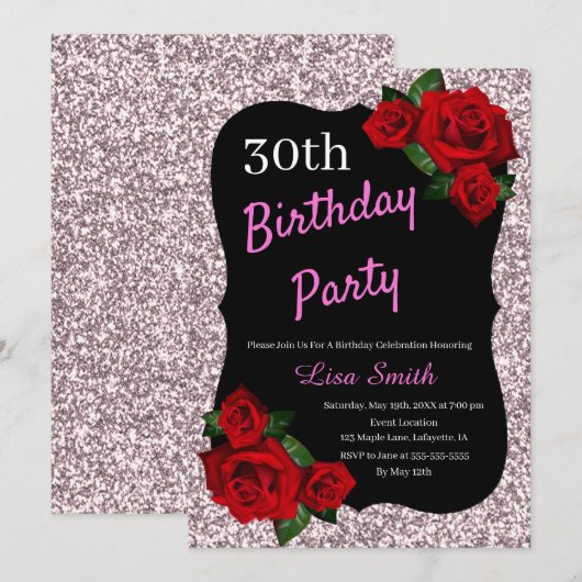 Elke Leeftijd Verjaardag Roze Glitter Rode Rozen Kaart (Voorkant / Achterkant)