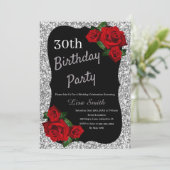 Elke Leeftijd Verjaardag Zilver Glitter Rode Rozen Kaart (Staand voorkant)