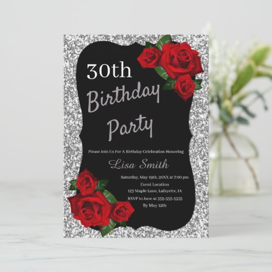 Elke Leeftijd Verjaardag Zilver Glitter Rode Rozen Kaart (Staand voorkant)