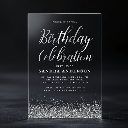 Elke leeftijd Verjaardag Zilver Modern Glitter Acryl Uitnodigingen