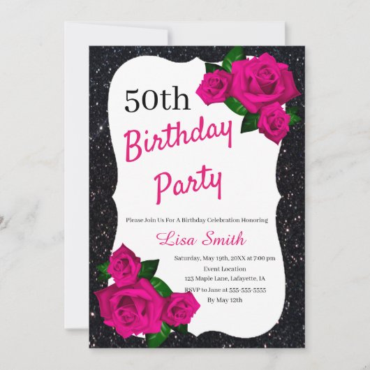 Elke Leeftijd Verjaardag Zwart Glitter Roze Rozen Kaart (Voorkant)