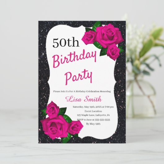 Elke Leeftijd Verjaardag Zwart Glitter Roze Rozen Kaart (Staand voorkant)