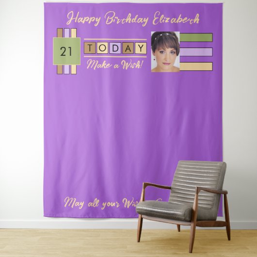 Elke leeftijdfoto paarse verjaardagsachtergrond wandkleed (In situ)
