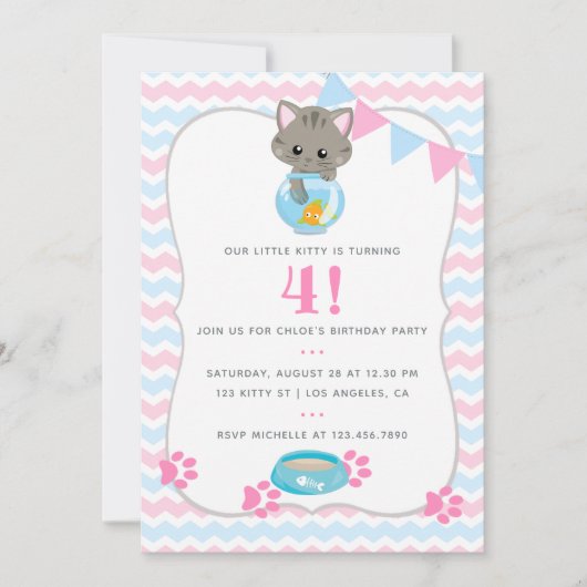 Elke leeftijdscatroon of 'Kitten Birthday'-uitnodi Kaart (Voorkant)