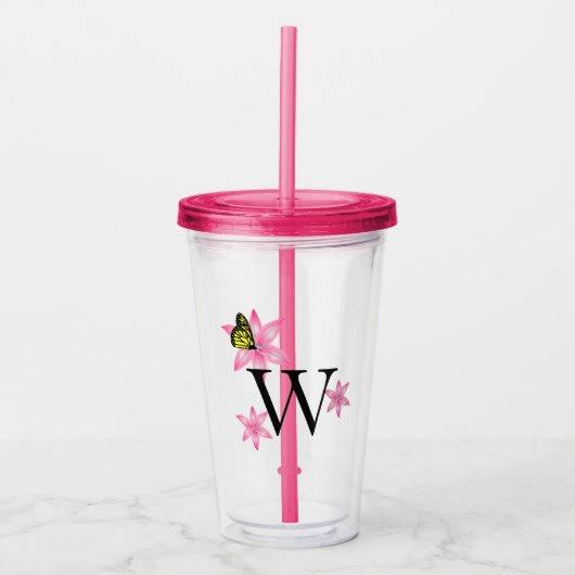 Elke letter roze bloemenacryl tumbler acryl drinkbeker (Voorkant)