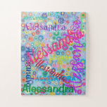 Elke naam Collage Puzzel met bloemen Legpuzzel<br><div class="desc">Deze leuke puzzel heeft een kleurrijk meisjesontwerp met de naam van uw keuze in tal van verschillende lettertypen en kleuren. De namen worden weergegeven op een blauwe achtergrond met kleurrijke bloemen. Geweldig cadeau voor elk meisje dat misschien een gepersonaliseerde puzzel wil!</div>