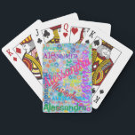 Elke naam Collage Speelkaarten<br><div class="desc">Op deze kaarten staat jouw naam geschreven! Dit leuke kaartspel heeft een kleurrijk meisjesontwerp met een collage van de naam van uw keuze in tal van verschillende lettertypen en kleuren. De namen worden weergegeven op een blauwe achtergrond met kleurrijke bloemen. Geweldig cadeau of feestgunst voor een verjaardagsfeestje of elke situatie...</div>