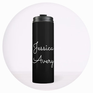 Elke Naam   Cool Bewerkbaar Wit Schrift op Zwart Thermosbeker