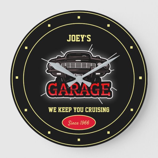 Elke naam Garage Car Graphic Fun Slogan Black Grote Klok (Voorkant)