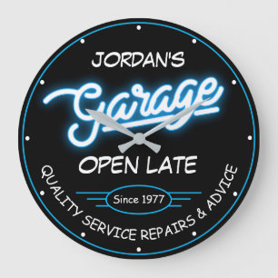 Elke naam Garage Datum Blauw Rood Retro Faux Neon  Grote Klok