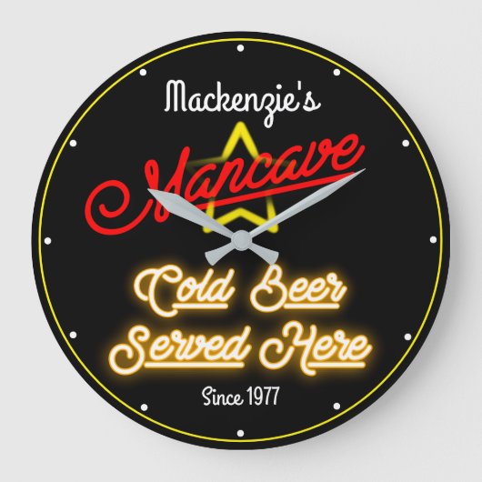 Elke naam Mancave Retro Faux Red Yellow Neon Black Grote Klok (Voorkant)