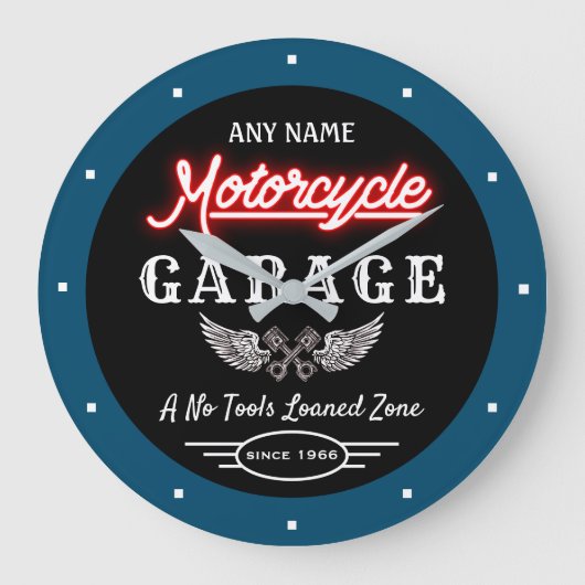 Elke naam Red Faux Neon Garage Datum Blauw Grote Klok (Voorkant)