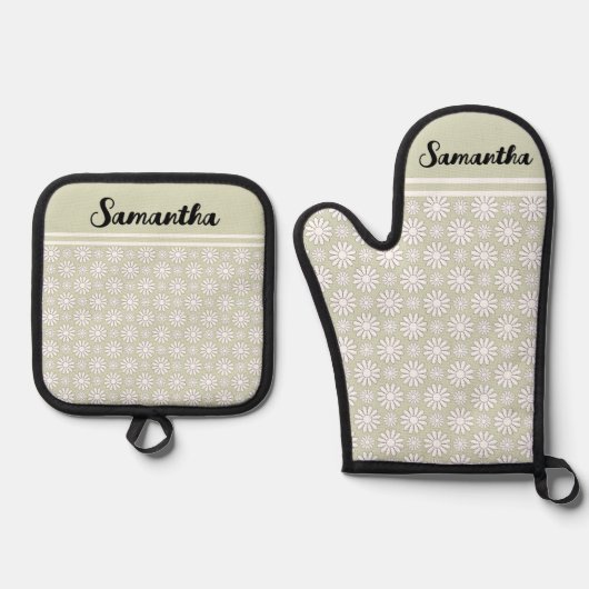 Elke naam Schattige Floral Daisy Pattern Ovenwant & Pannenlap Set (Voorkant)