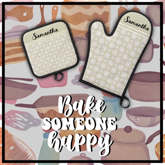 Elke naam Schattige Floral Daisy Pattern Ovenwant & Pannenlap Set